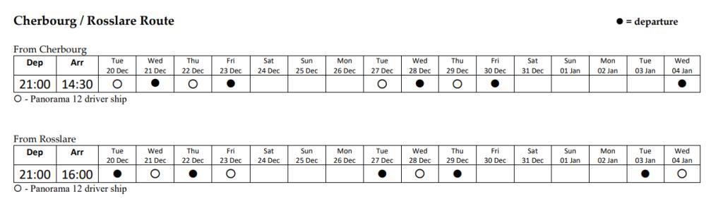 Cherbourg - Rosslare Timetable