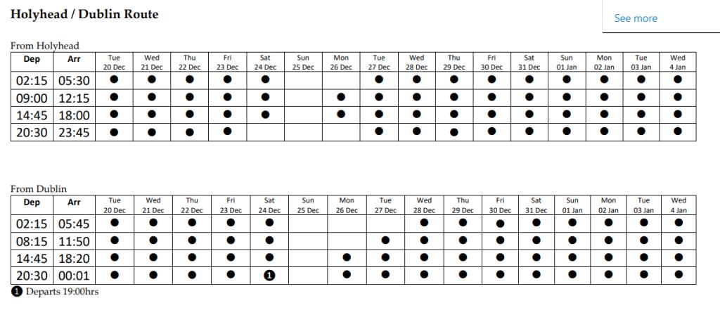 Holyhead - Dublin Timetable