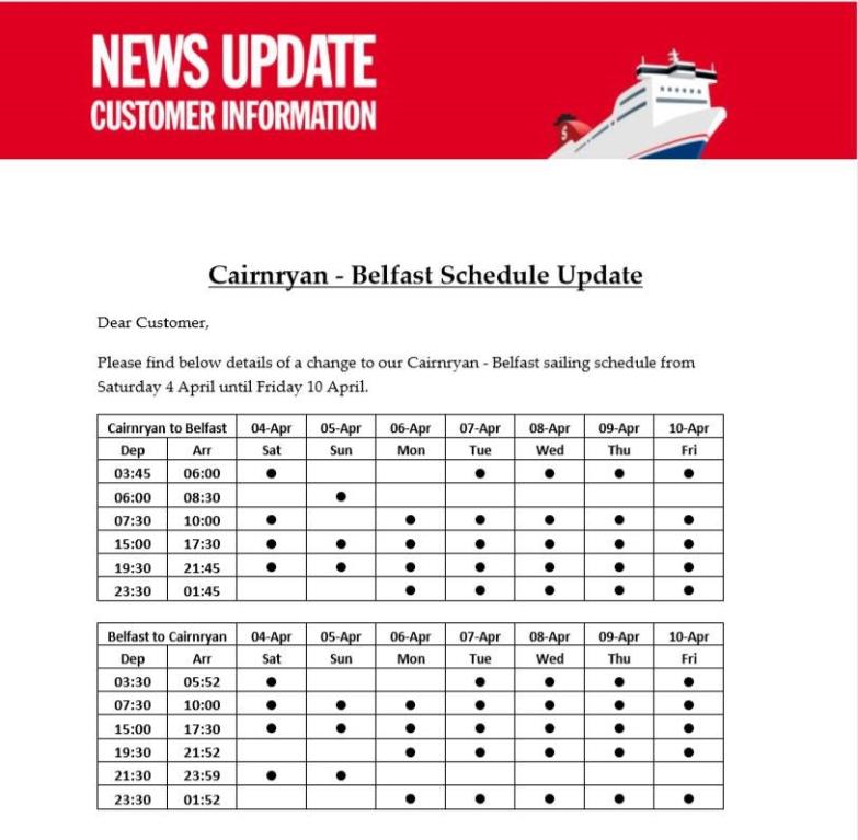 Stena schedule update